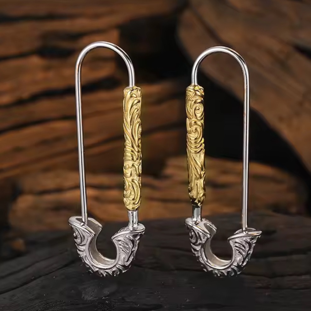 Stampd Two-Tone Ornate Hook Earrings in Gold and Silver